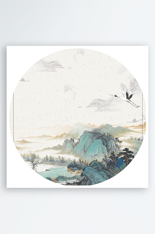 中式装饰画水墨山水花鸟画圆形挂画-众图网