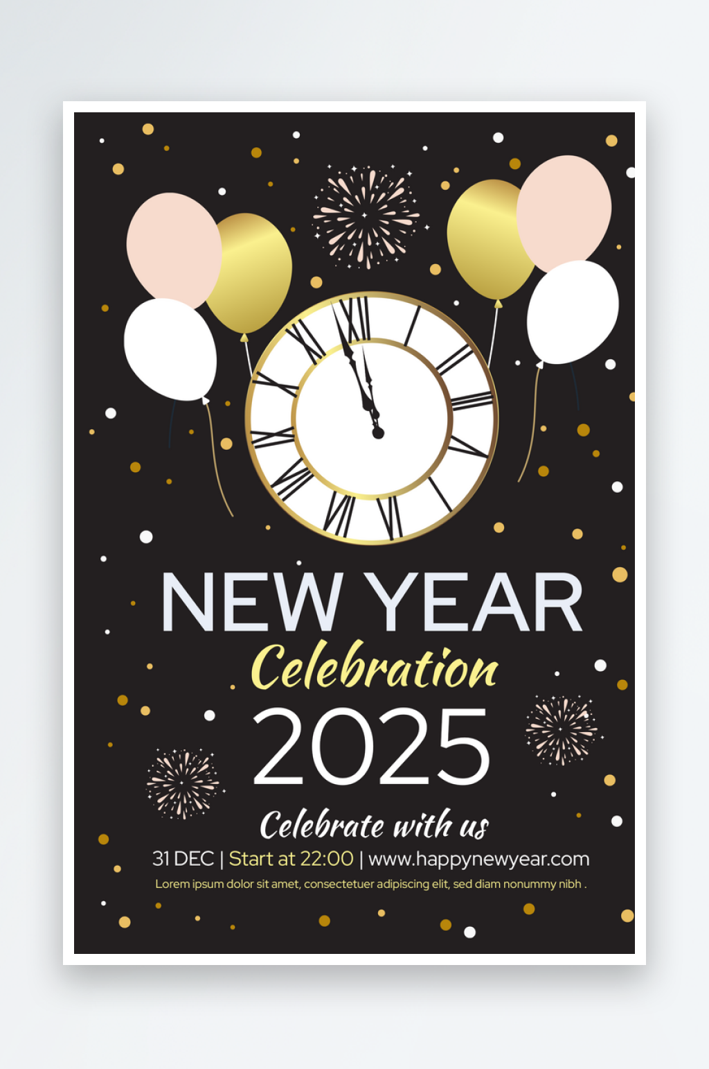 黑金手绘扁平2025新年快乐庆祝海报设计素材