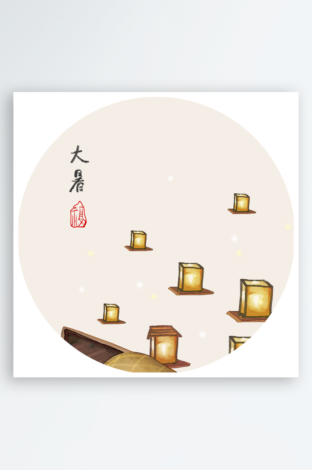 手绘简约中式圆形挂画装饰画素材