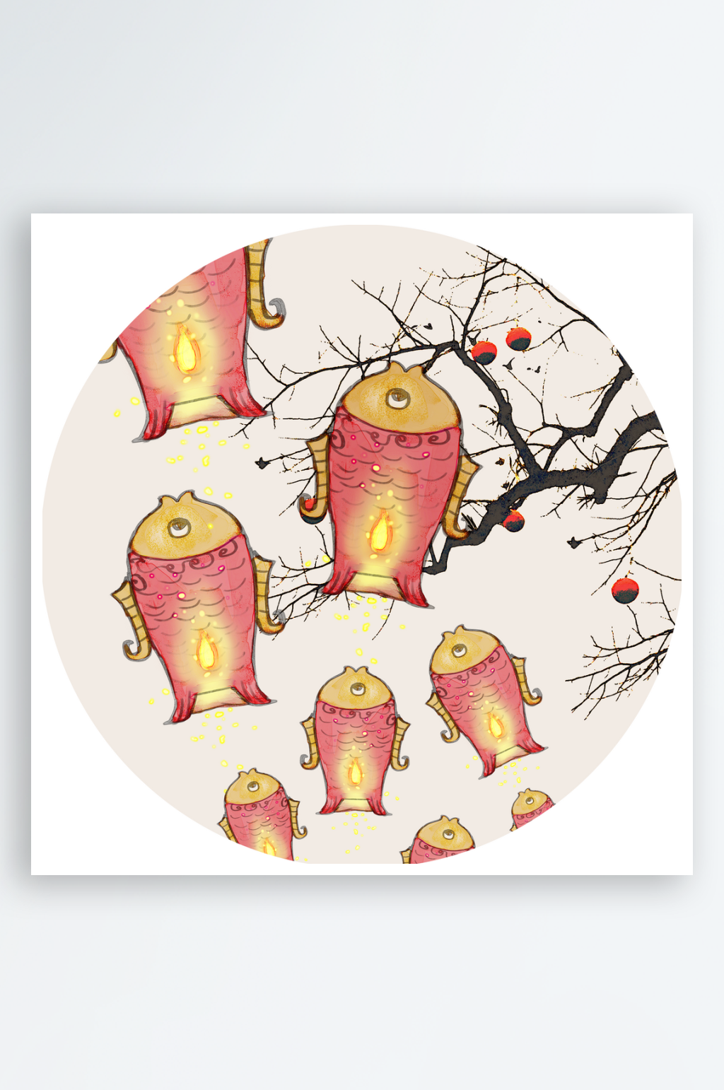简约鱼灯笼圆形挂画装饰画素材