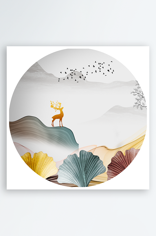 水墨山脉湖泊圆形装饰画-众图网