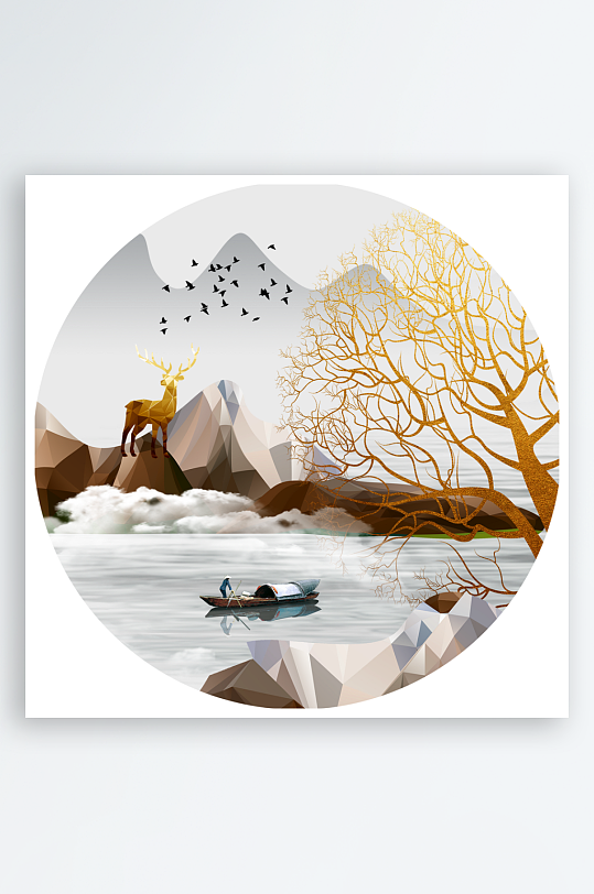 湖泊风景画圆形装饰画-众图网