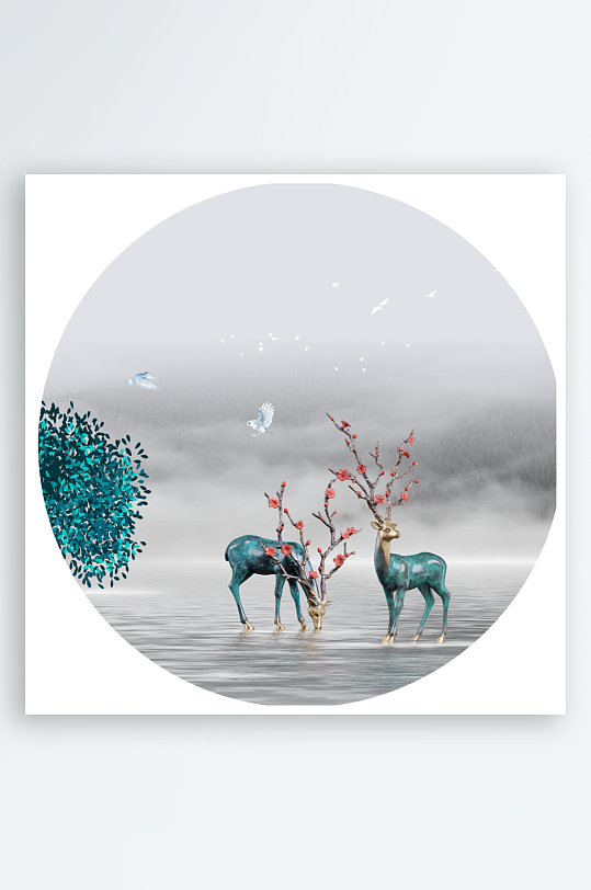 新中式山水风景画圆形挂画-众图网