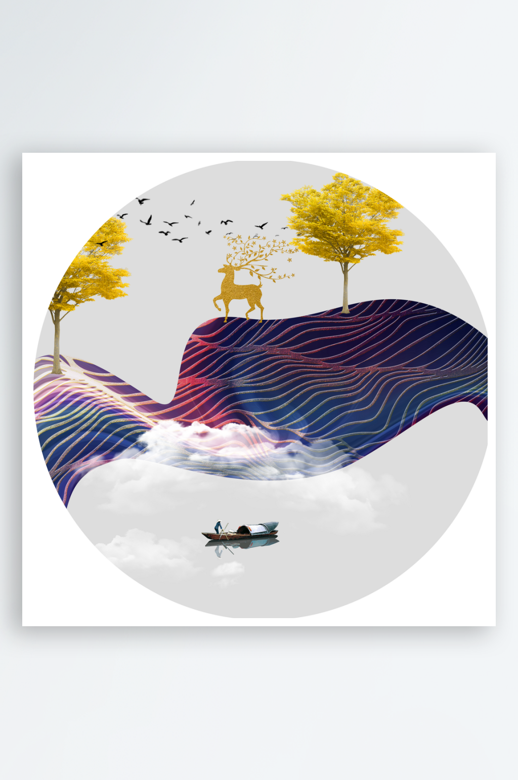 新中式山水湖泊风景画圆形装饰画素材