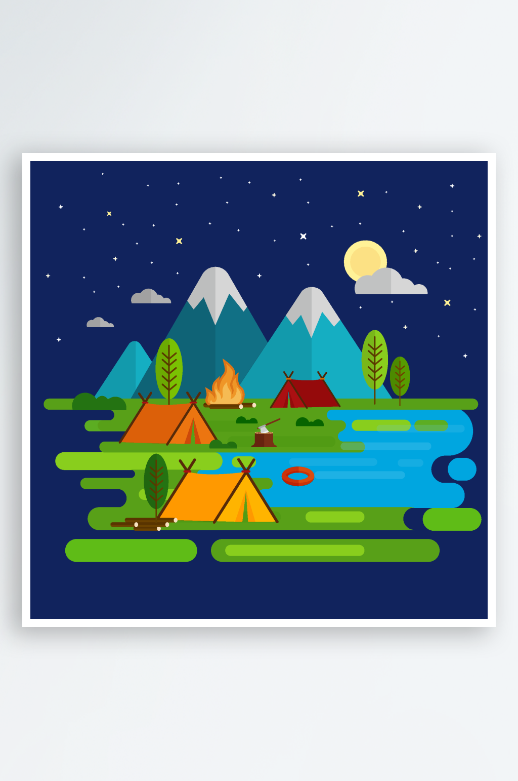 扁平化夏季野營風(fēng)景插畫素材