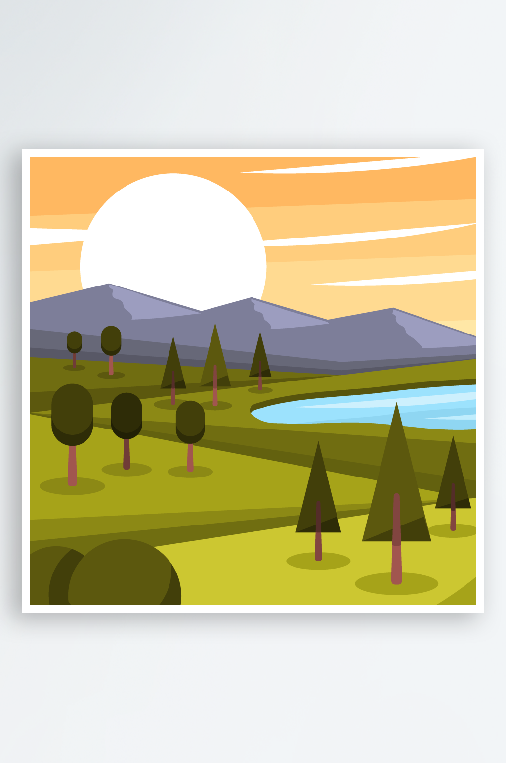 美丽夕阳山脉湖泊风景插画素材