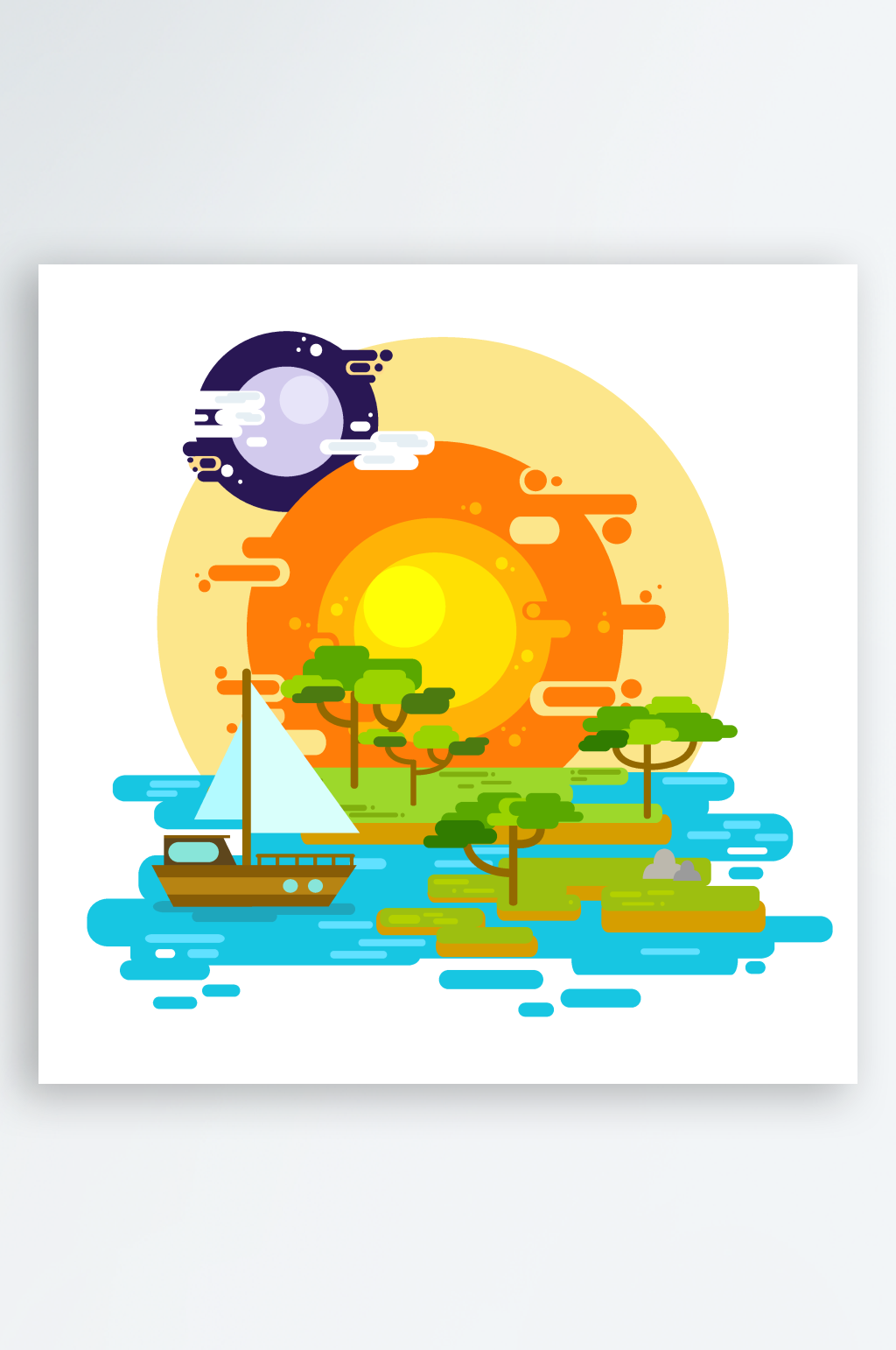 扁平化太陽與湖泊風景插畫素材