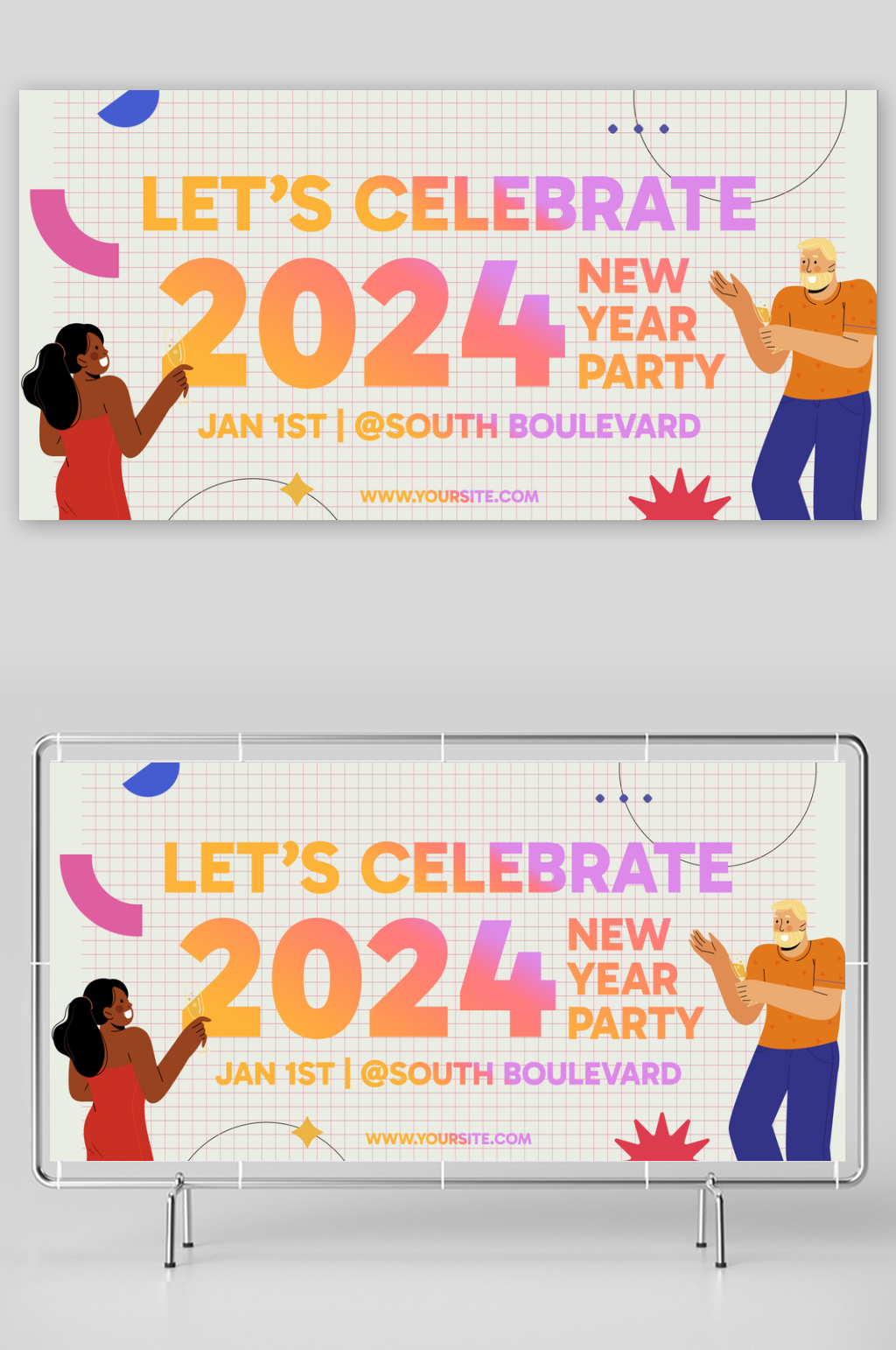 手绘扁平人物2024新年派对横版海报设计素材