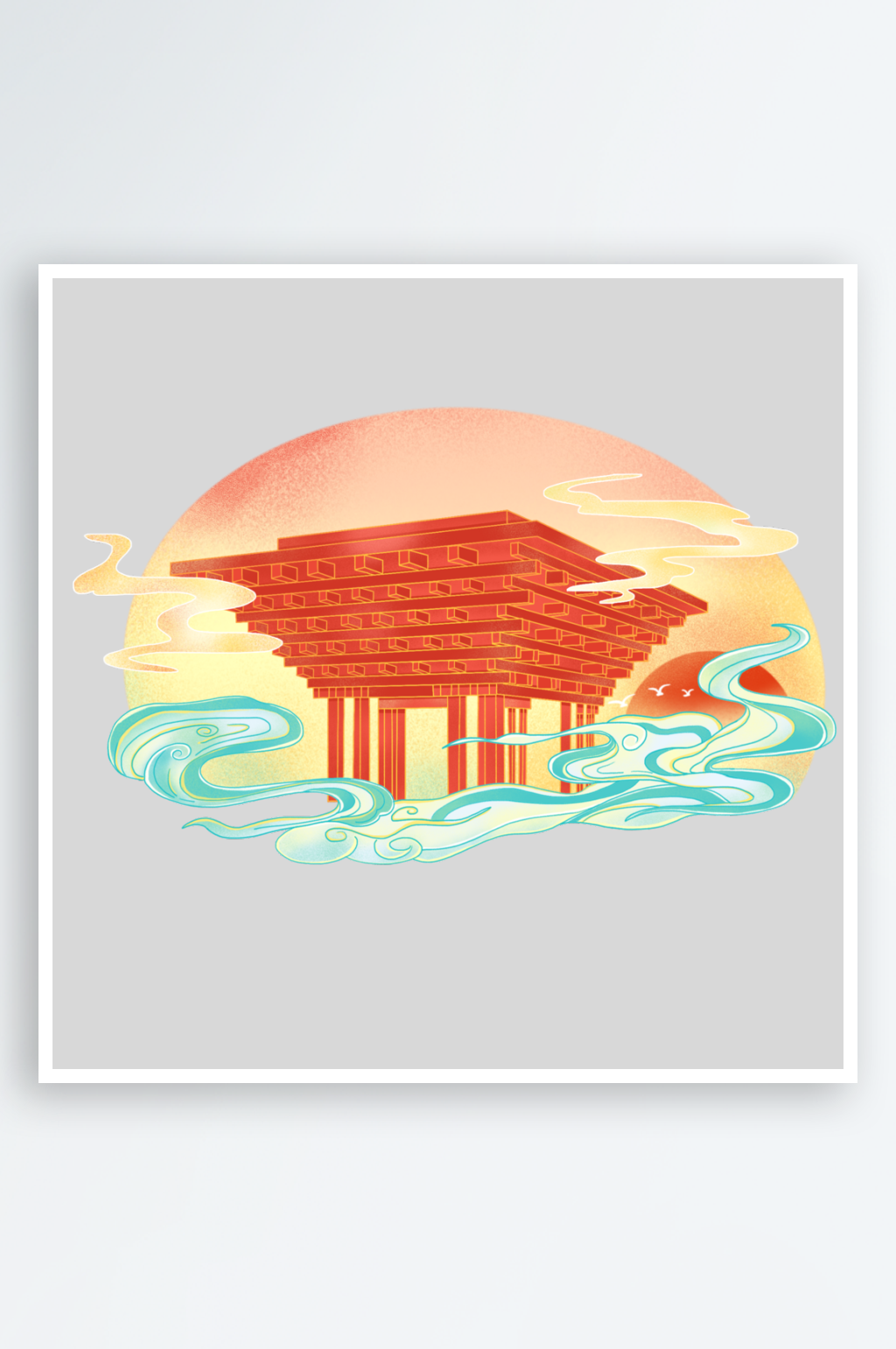 手绘国风世界著名建筑插画素材