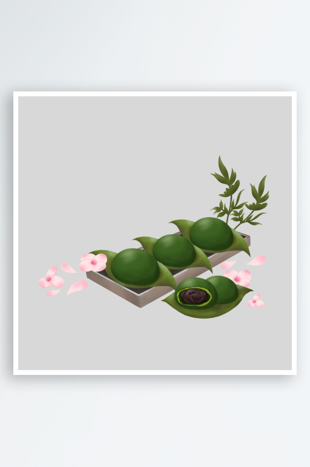 手绘中式清明节青团山水人物春天绿色元素素材