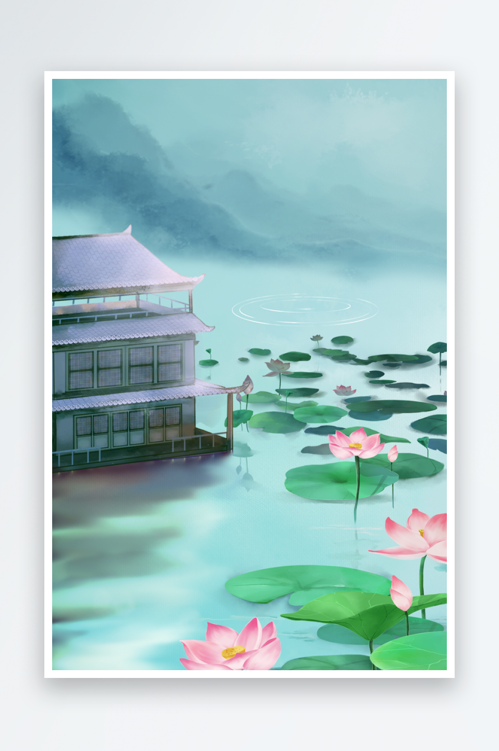 古风山水建筑风景画背景素材
