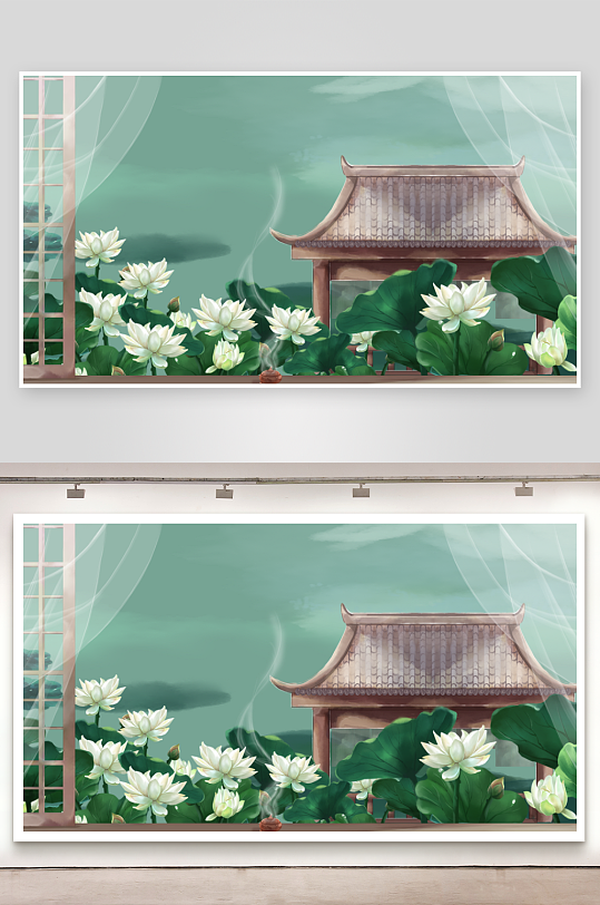 中國風古風山水建筑風景畫