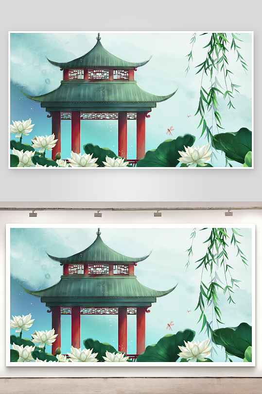 中國風古風山水建筑風景畫