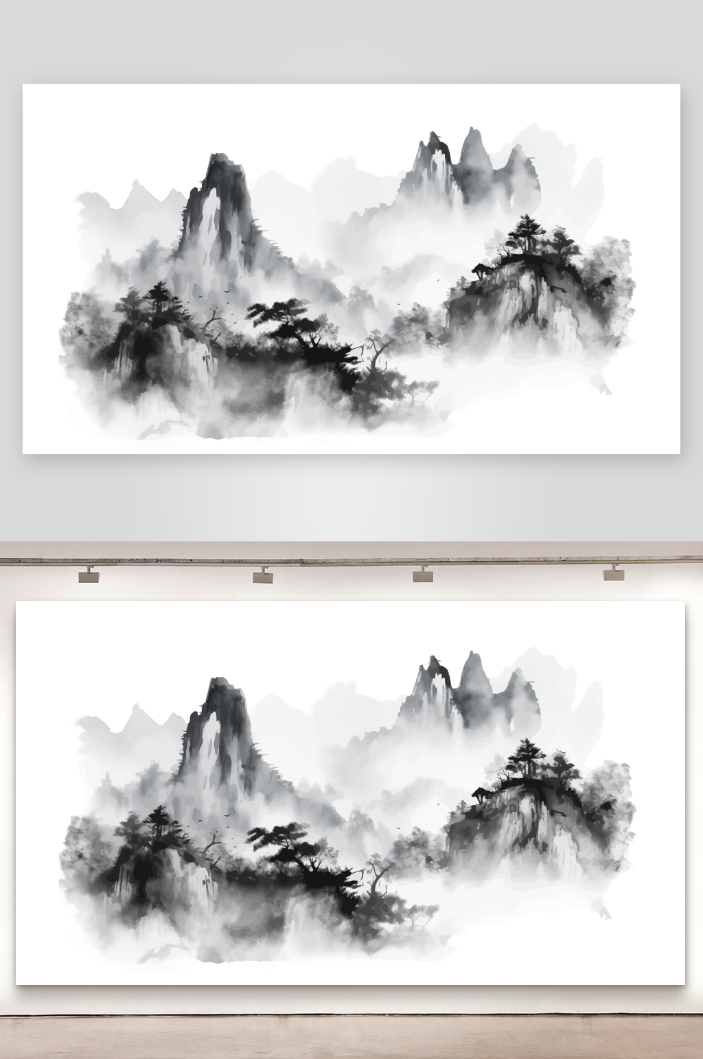 矢量水墨山脉山水树木船风景画背景素材素材