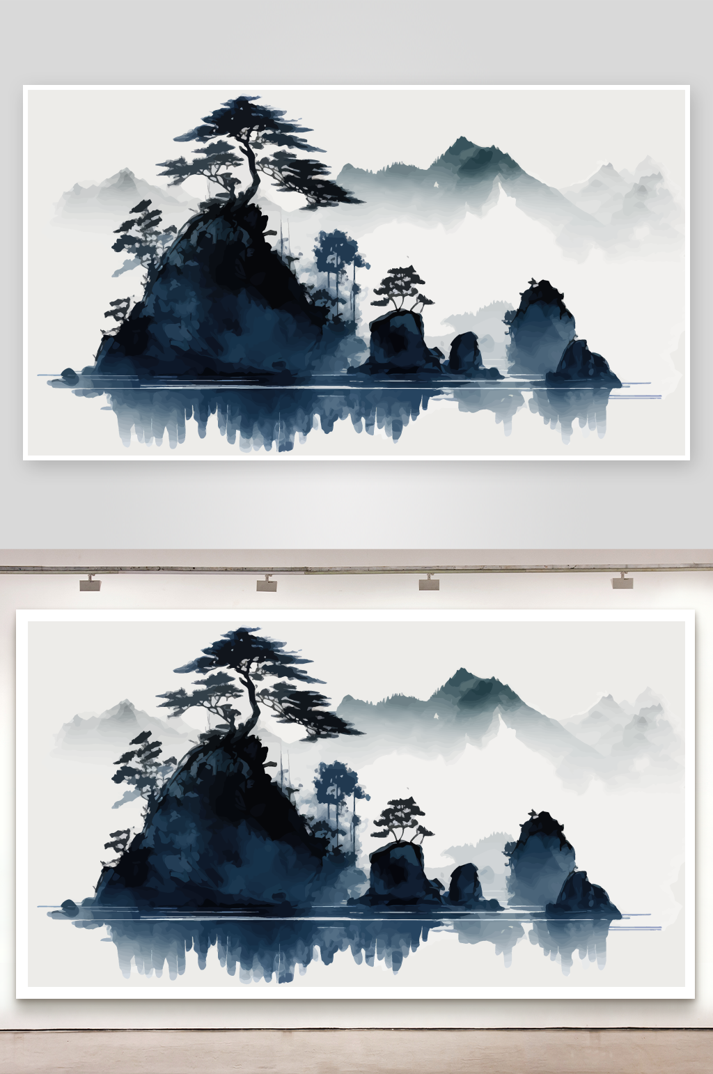 矢量水墨山脉山水树木船风景画背景素材