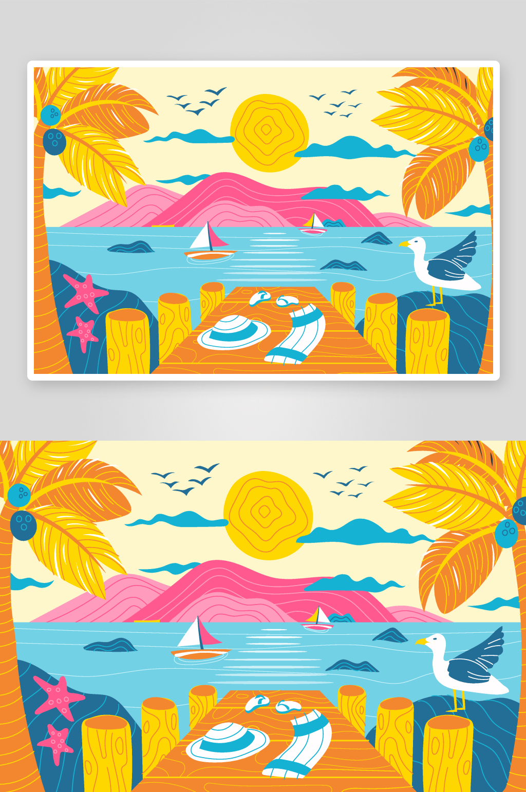 海滩椰树矢量风景画素材