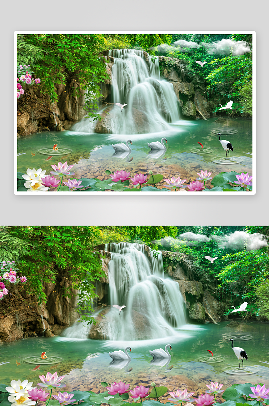 唯美大气中式山水瀑布装饰画