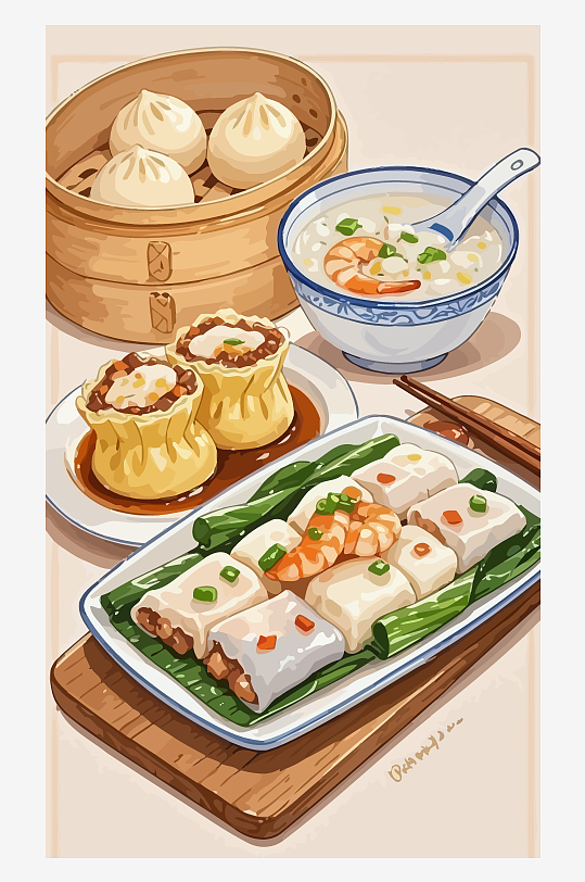 早餐包子肠粉粥插画图形元素