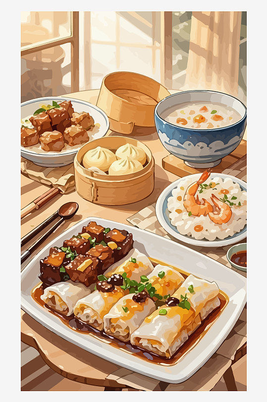 早餐包子肠粉粥插画图形元素