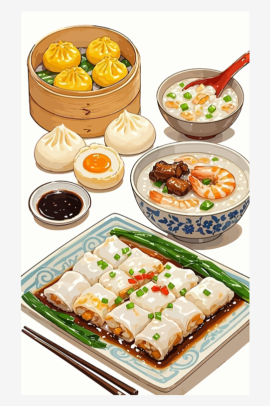 早餐包子肠粉粥插画图形元素