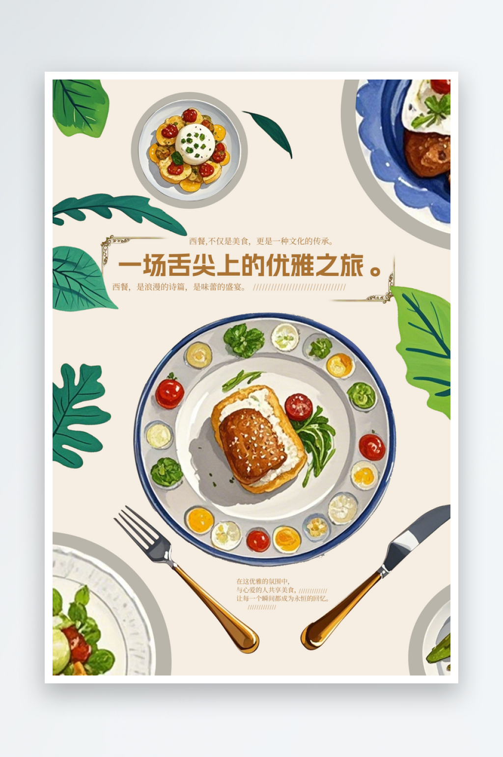 西餐海报手绘简洁清新餐厅绿色美食素材