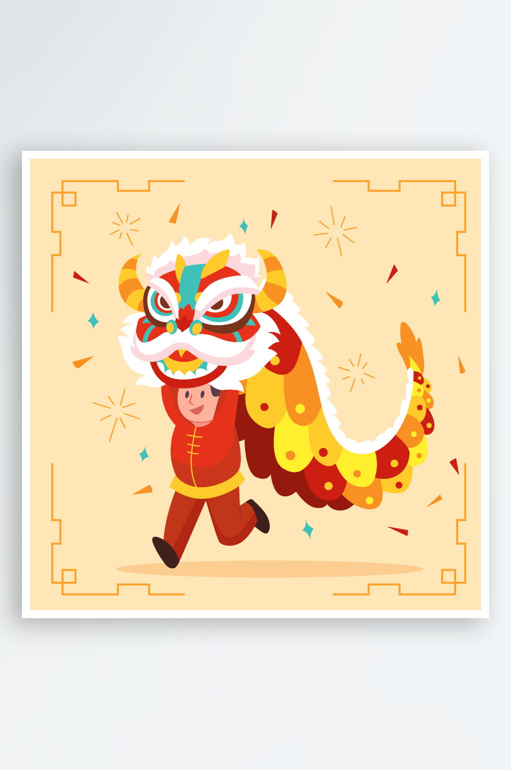 彩色手绘人物新年舞狮矢量插画素材