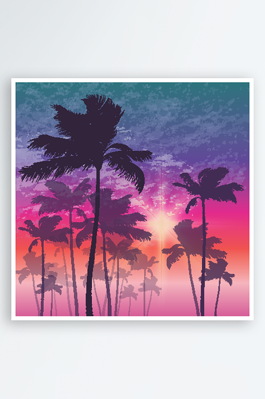梦幻夕阳下的棕榈树插画