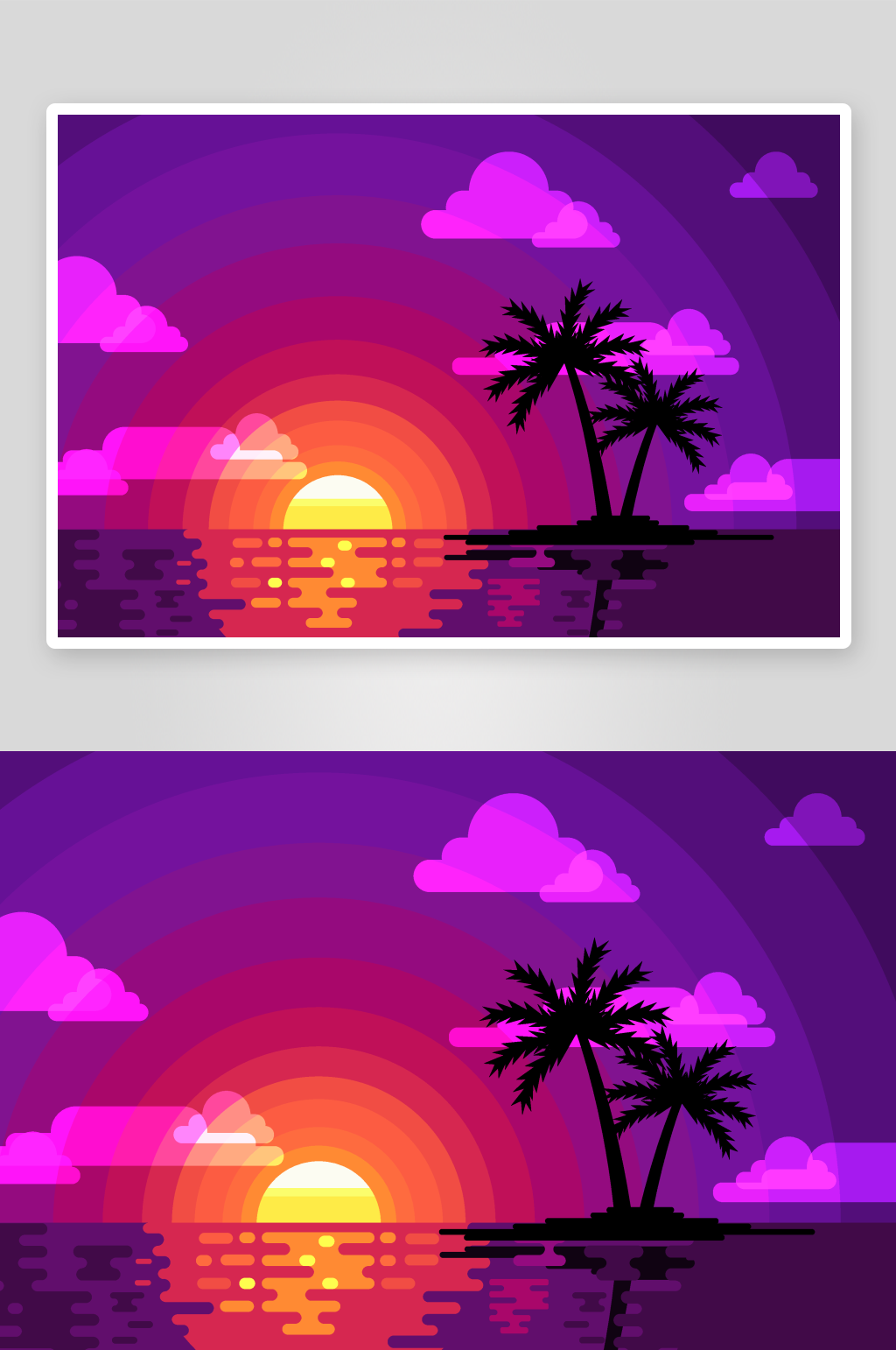 紫色大海和棕榈树风景插画素材
