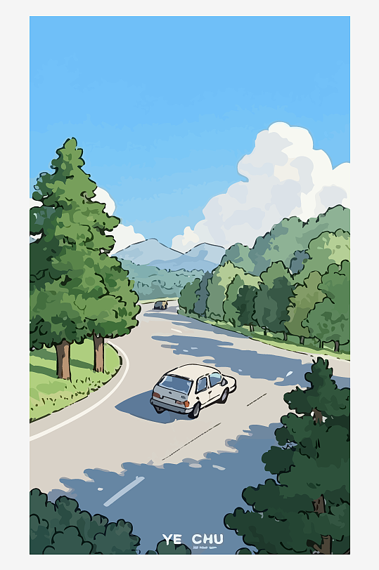 公路交通风景矢量插画图形