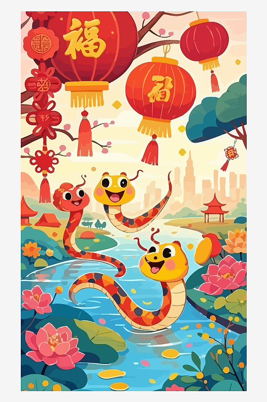 蛇年春节蛇宝宝矢量插画图形