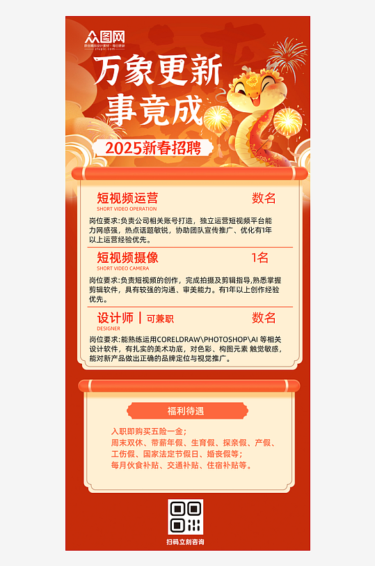 红色2025蛇年招聘会人才招聘海报