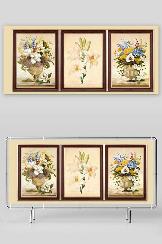复古花卉三联无框画装饰画-众图网