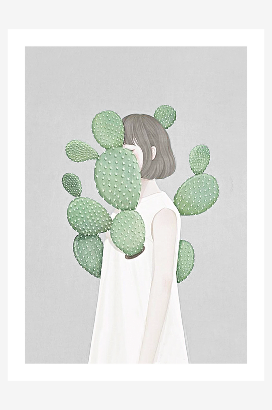 仙人掌女孩装饰画-众图网