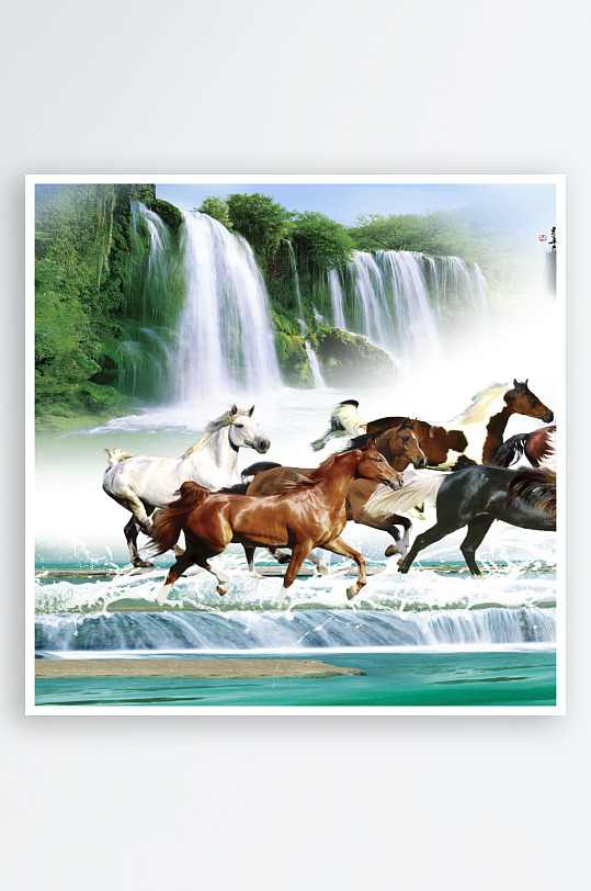 骏马中式风景画装饰画-众图网