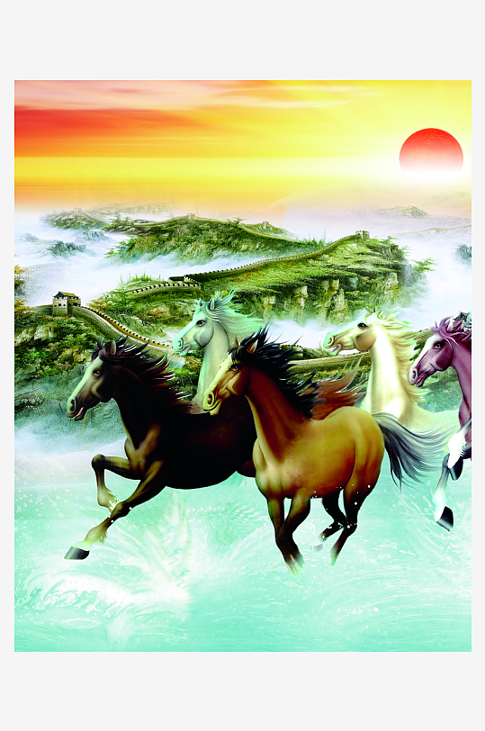 骏马中式风景画装饰画-众图网