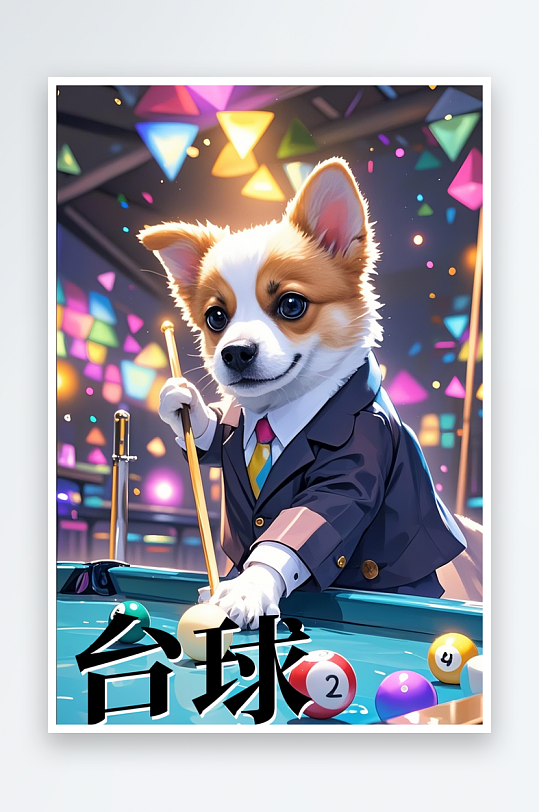 一只狗在打台球合理可爱明亮的色彩-众图网