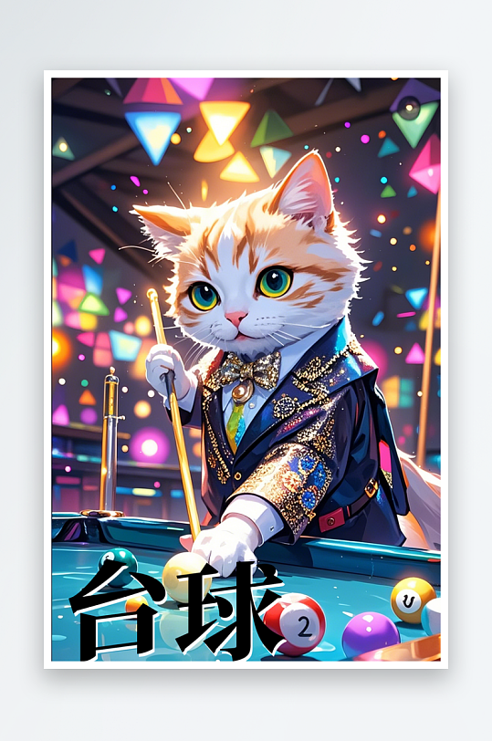 一只猫在打台球合理可爱明亮的色彩-众图网