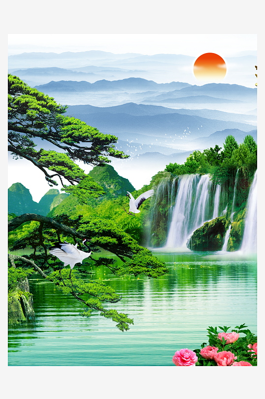 瀑布山水风景画装饰画-众图网