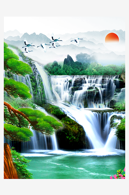 瀑布美景中式装饰画-众图网