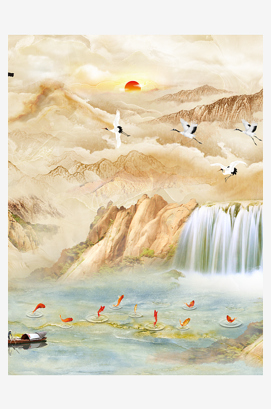 山水瀑布中式装饰画-众图网