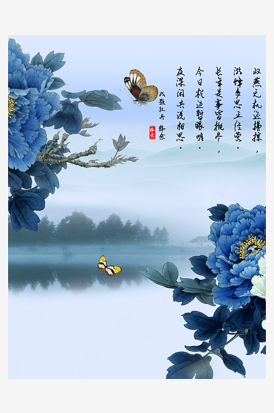 水墨中式花卉风景画装饰画-众图网