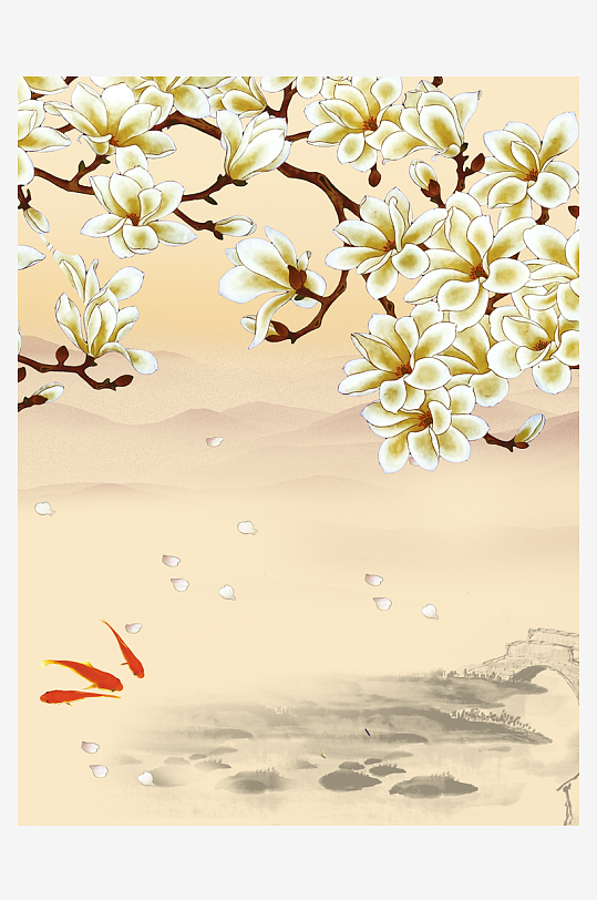 水墨中式花卉风景画装饰画-众图网