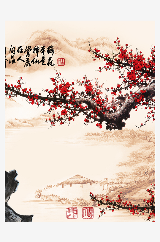 水墨中式花卉风景画装饰画-众图网