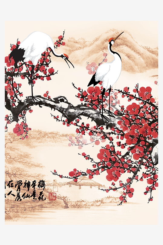 梅花仙鹤中式装饰画-众图网