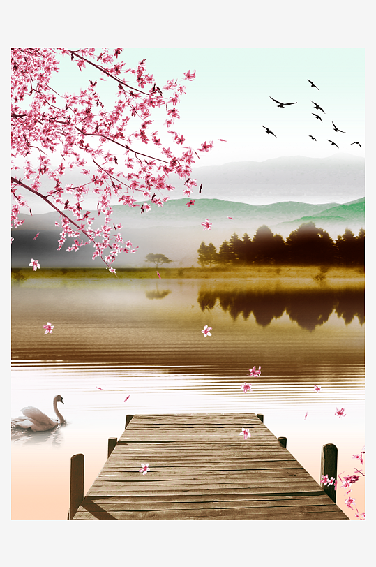 山水湖泊风景画装饰画-众图网