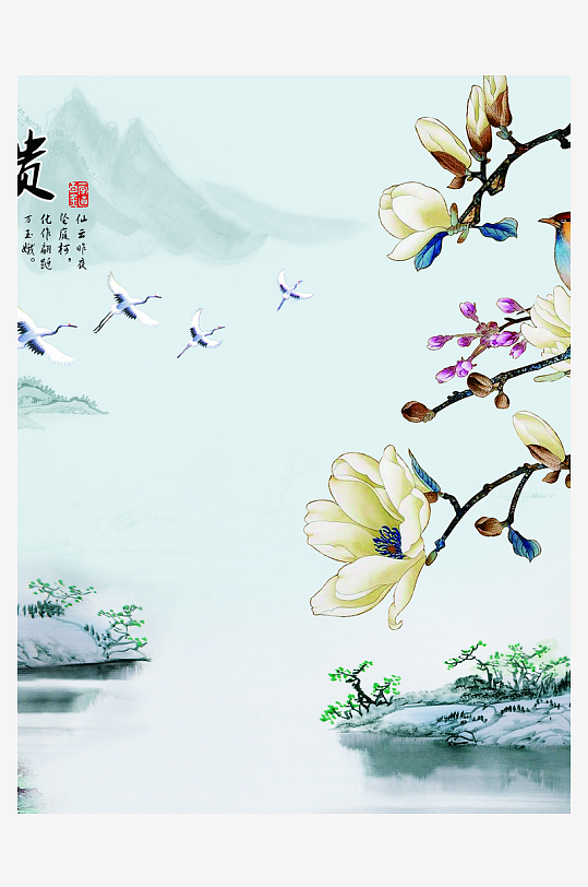 水墨中式花卉风景画装饰画-众图网