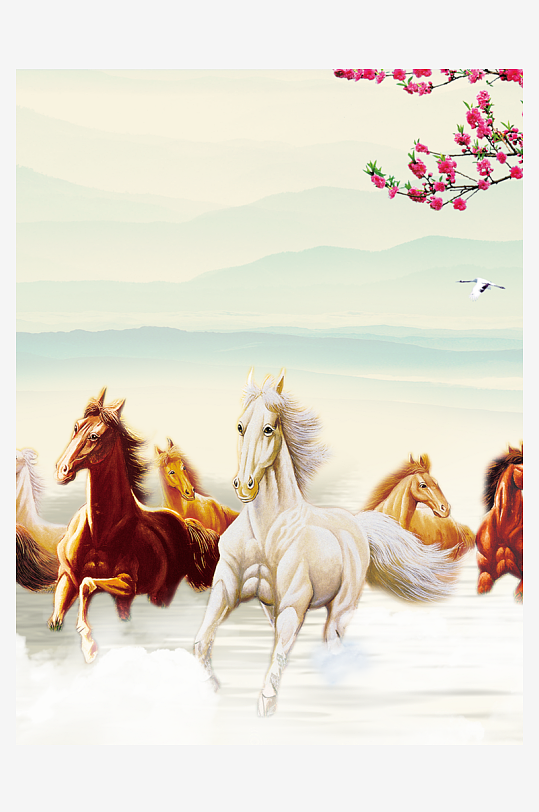 水墨中式骏马风景画装饰画-众图网
