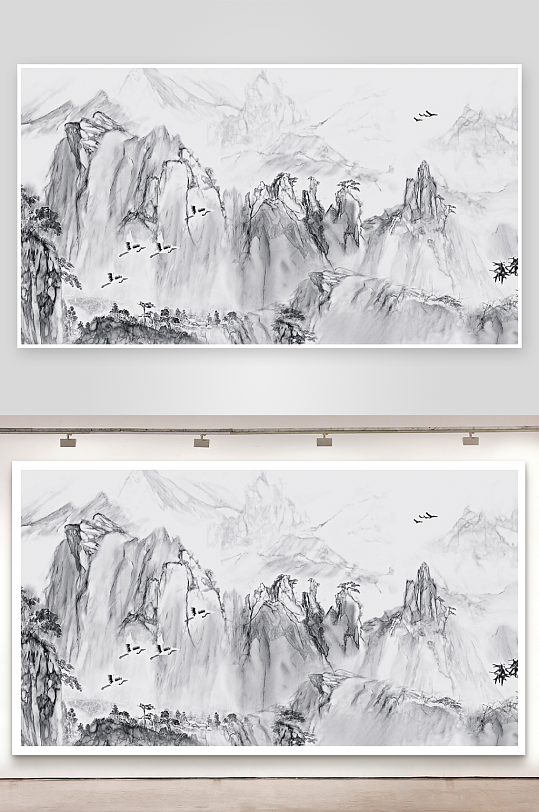 水墨风景画电视机背景墙-众图网