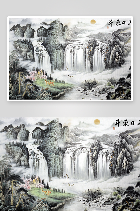 瀑布流水生财中式背景墙-众图网