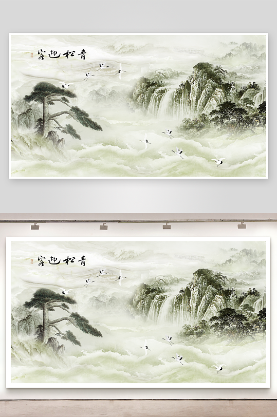中式山水风景画背景墙-众图网
